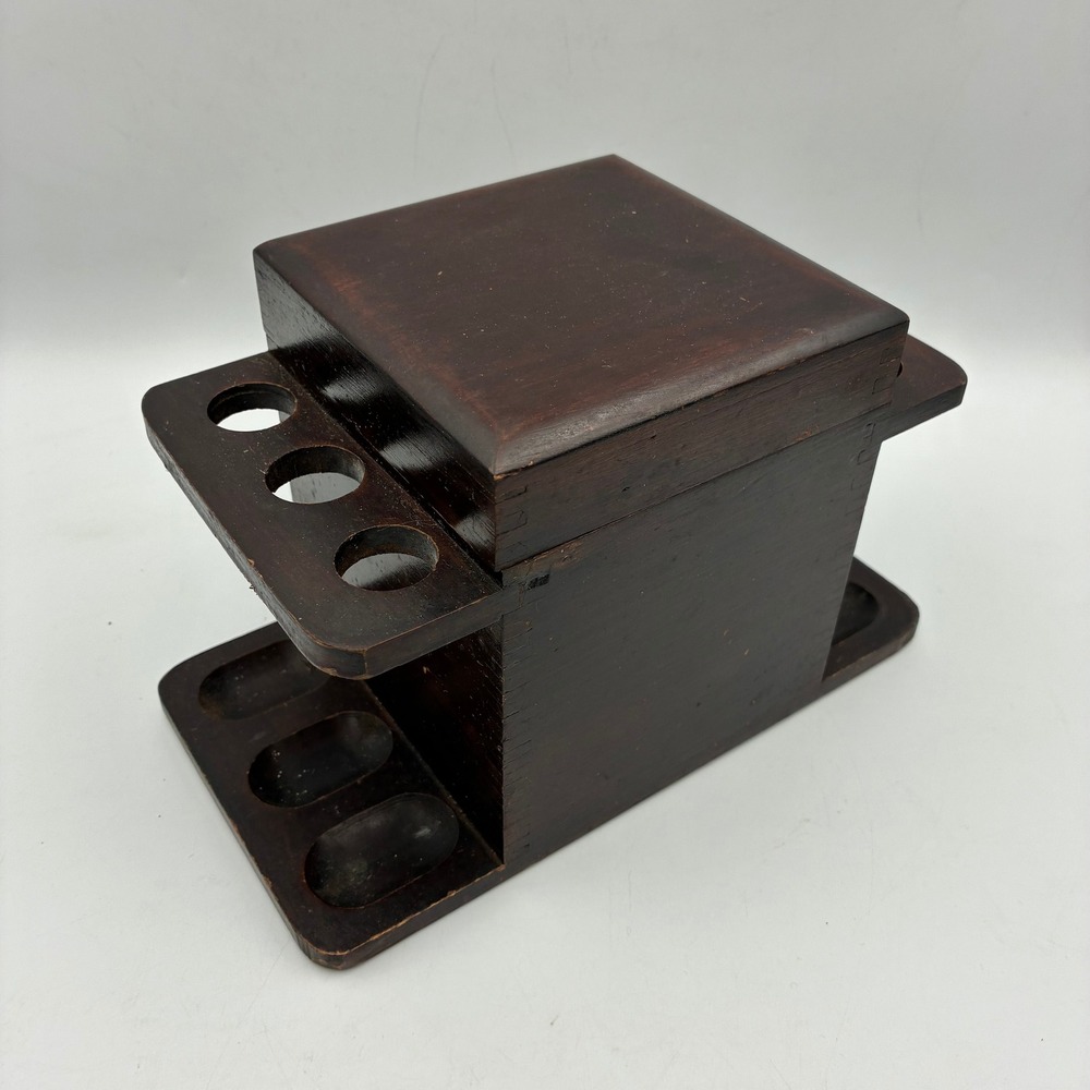 Vintage Aztec Wooden Tobacco Humidor 6 Pipe Stand Rack Dark Wood Desktop Box